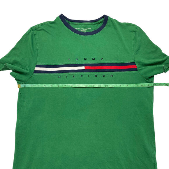 TOMMY HILFIGER Retro Embroidered Stripe Logo Green Short Sleeve Tee Medium Mens - Picture 5 of 6